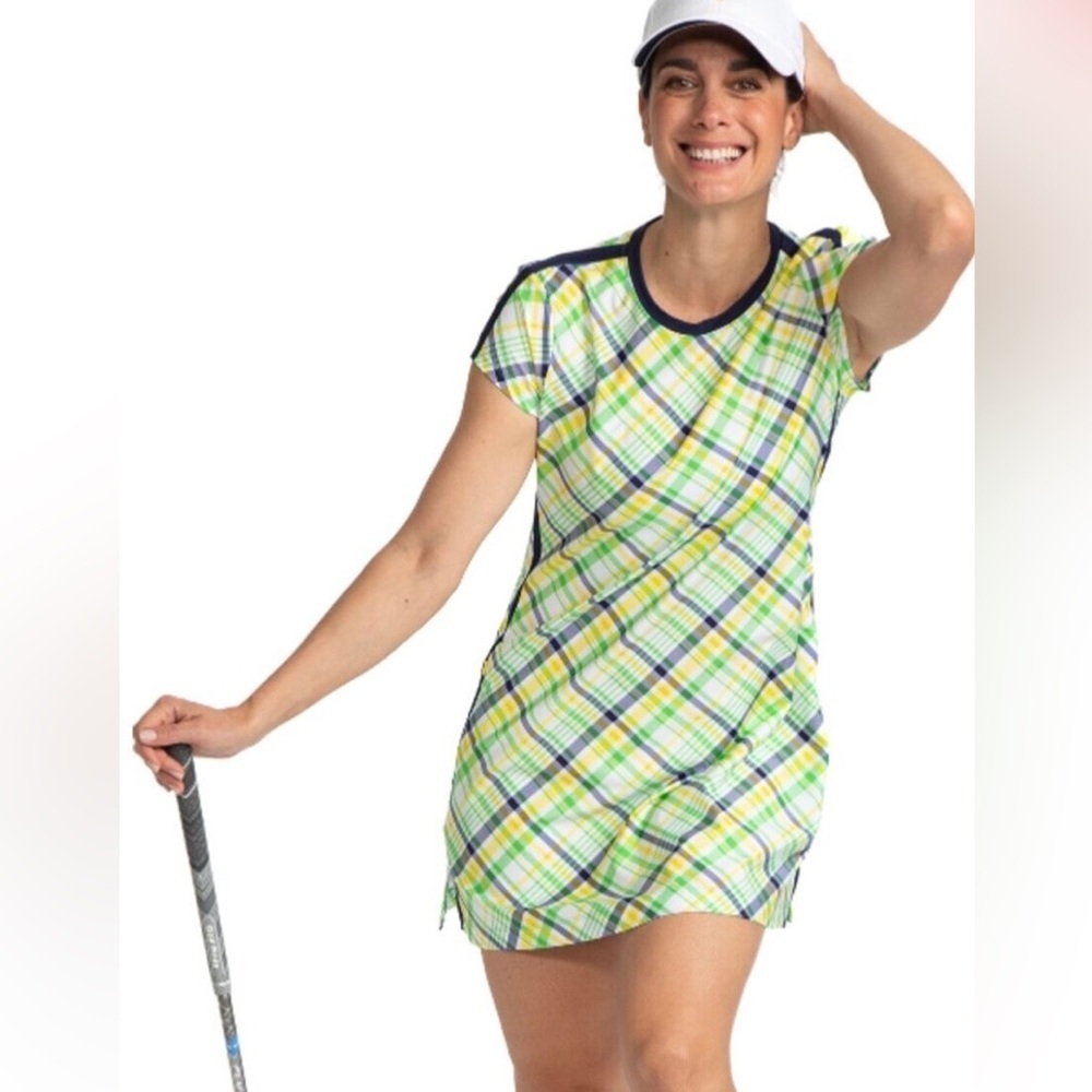 Kinona Pin High Short Sleeve Golf Dress Picnic Plaid Green Yellow Navy